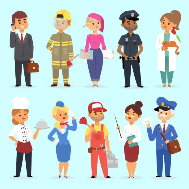 Vector illustration of People different professions vector illustration. Success teamwork diversity human work lifestyle. Standing successful young professions policeman, doctor, fireman, chef person character in uniform