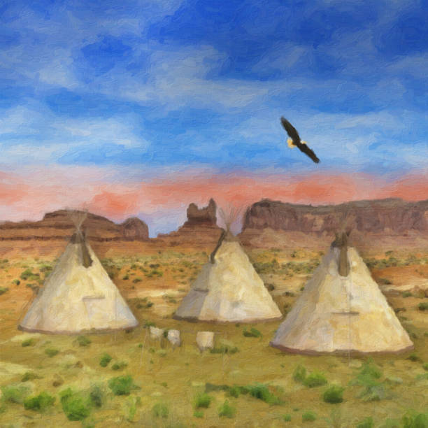 Colorful SouthWestern Native American Painting Colorful SouthWestern Native American Painting of three tee pees and eagle new mexico landscape stock illustrations