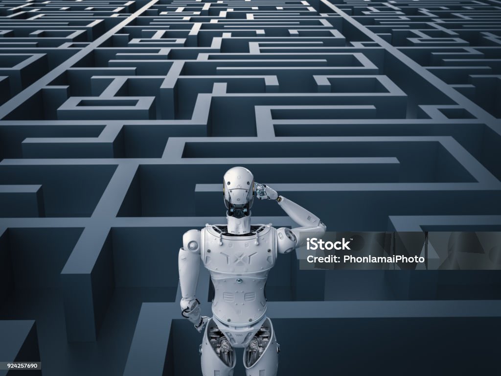 robot in maze 3d rendering humanoid robot analysisi in maze Robot Stock Photo
