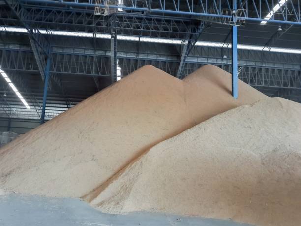 Rice in the warehouse for processing. stock photo