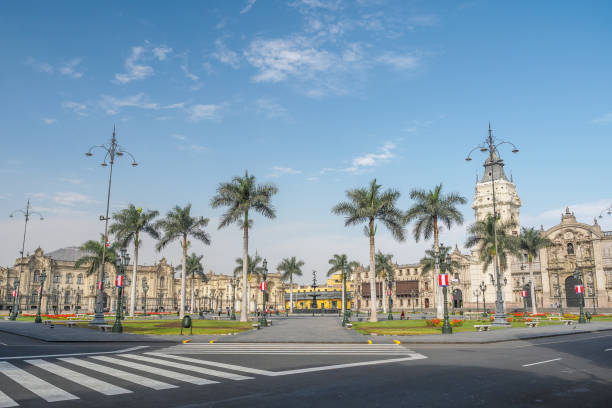Lima Plaza de Armas with the cathedral and The Government Palace of Peru. Two main buildings in the public area in Lima, the capital of Peru. lima peru stock pictures, royalty-free photos & images