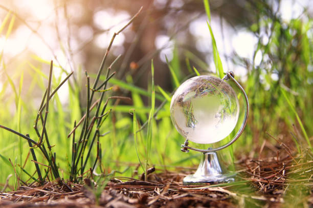 istock low angle small crystal globe in the grass. travel and global issues concept. 924274002
