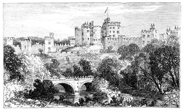 victorian engraving of Alnwick Castle, UK