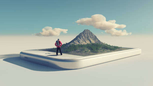 Hiker and a smartphone with a 3d mountain on the touch screen.