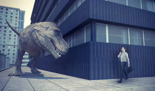 Businessman walking in town and a dinosaur is waiting for him round the corner.