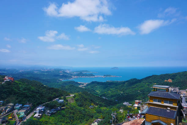 Aerial view of Jiufen village on a sunny day in Taiwan
