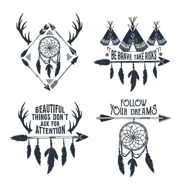 Vector illustration of Hand drawn tribal labels set and lettering.