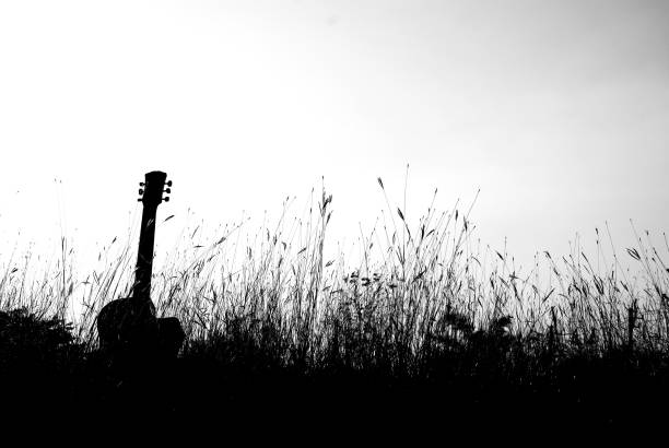 Abstract beautiful Guitar in the foreground on clear sky background.