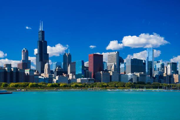 Chicago Skyline With Blue Sky, Cumulus Clouds And Lake Chicago Skyline featuring the Willis Tower, with a deep blue sky with cumulus clouds in the background, and Grant Park and Lake Michigan in the foreground. willis tower stock pictures, royalty-free photos & images