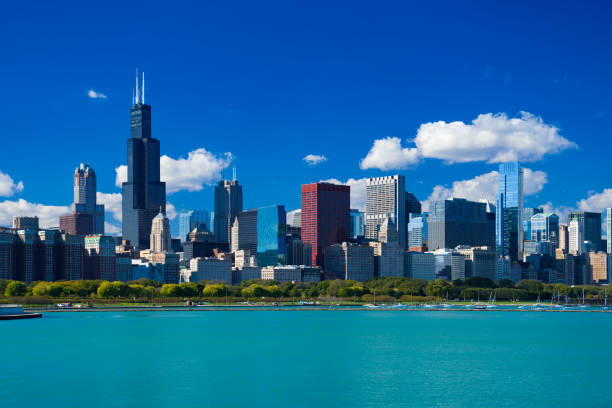 chicago skyline z błękitnym niebem, chmury cumulus i jezioro - willis tower zdjęcia i obrazy z banku zdjęć