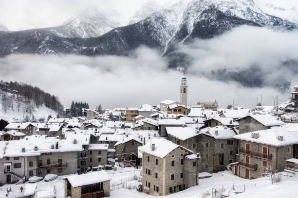 Caspoggio in winter, small mountain country on italian alps under the snow, Sondrio, Italy stock photo