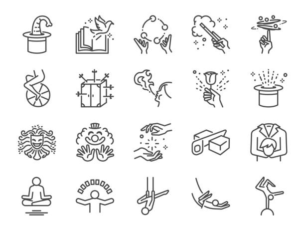 zaubershow-linie-icon-set. die symbole als einrad, zauberer, akrobatik, clown, magischen zauberstab, leistung, jonglieren, spannende durchführen und mehr enthalten. - akrobat stock-grafiken, -clipart, -cartoons und -symbole