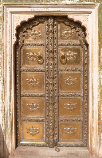 Peacock tail gate decoration of the City Palace, Rajasthan, India. The palace was the residence of the Maharaja of Jaipur, the head of the clan Kachwaha Rajput, India