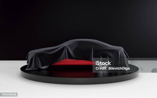 New Red Car Hidden Under Black Cover On Black And White Background 3d Render Stock Photo - Download Image Now