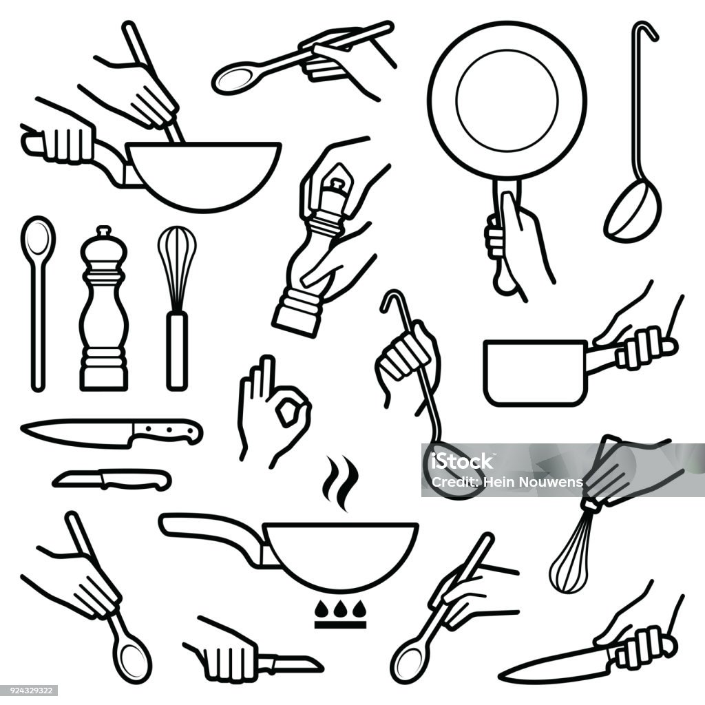 Cooking and kitchen tool Cooking and kitchen tool with hand icon collection - vector outline illustration Hand stock vector