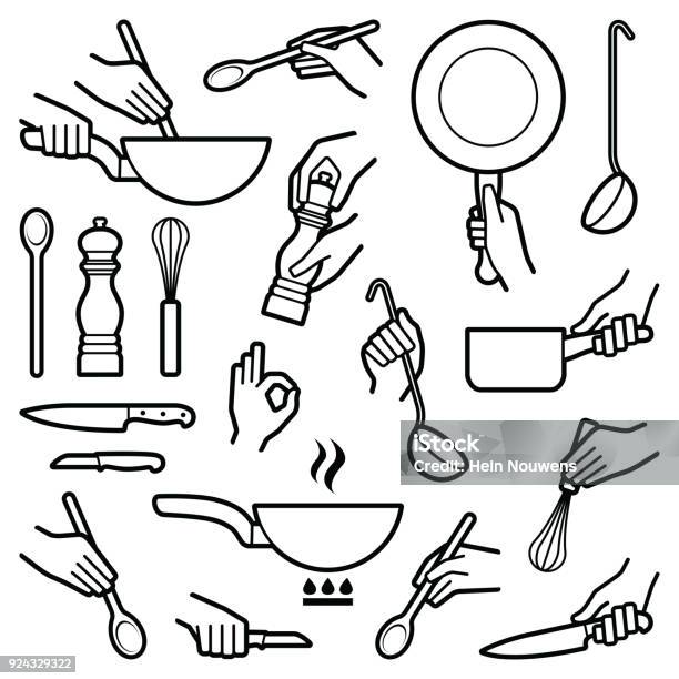 Cooking And Kitchen Tool Stock Illustration - Download Image Now - Hand, Saucepan, Spoon