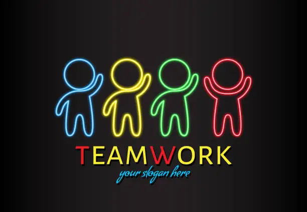 Vector illustration of Teamwork colorful icon. Four stylized human figures with neon glow isolated on dark background. Group of friendly help and support. Bright design element for presentations, annual report, dialogue