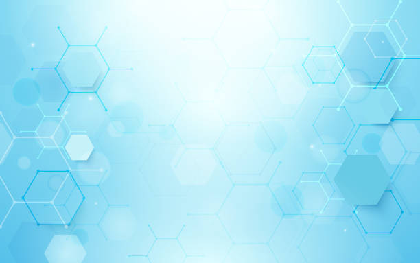 抽象的な青い六角形の形状と科学概念の背景を持つライン - 化学点のイラスト素材／クリップアート素材／マンガ素材／アイコン素材