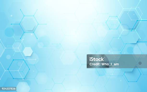 Abstract Blue Hexagons Shape And Lines With Science Concept Background Stock Illustration - Download Image Now