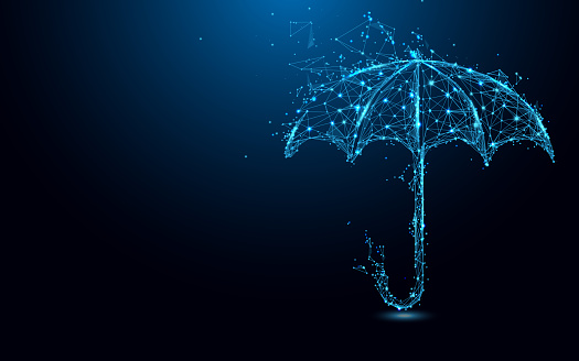 Abstract umbrella form lines and triangles, point connecting network on blue background. Illustration vector