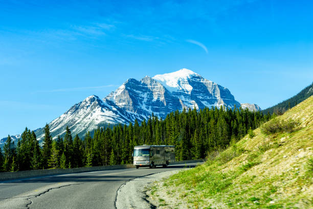 Luxury Motor Home on Road Trip Tour, Banff National Park, Canada Luxury Motor Home on Road Trip Tour, Banff National Park, Canada moraine lake photos stock pictures, royalty-free photos & images