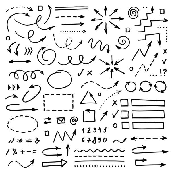 handgezeichnete vektorpfeile setzen auf weißem hintergrund. doodle-infografik-design-elemente - emblem grafiken stock-grafiken, -clipart, -cartoons und -symbole