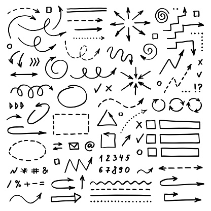 Hand drawn vector arrows set on white background. Doodle infographic design elements