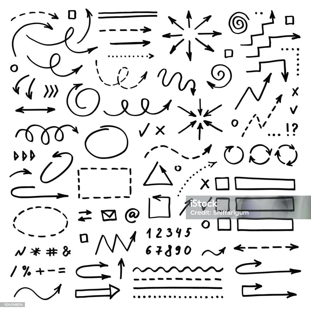 Hand drawn vector arrows set on white background. Doodle infographic design elements Arrow Symbol stock vector