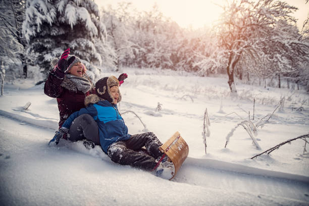 istock Kids tobogganing in winter forest 924348916