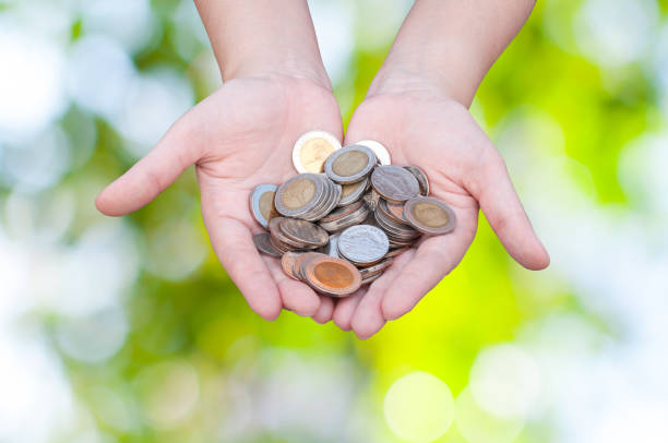 Coins in hands on green nature background Coins in hands on green nature background,Donation Investment Fund Financial Support Charity  Dividend Market Growth a penny saved stock pictures, royalty-free photos & images