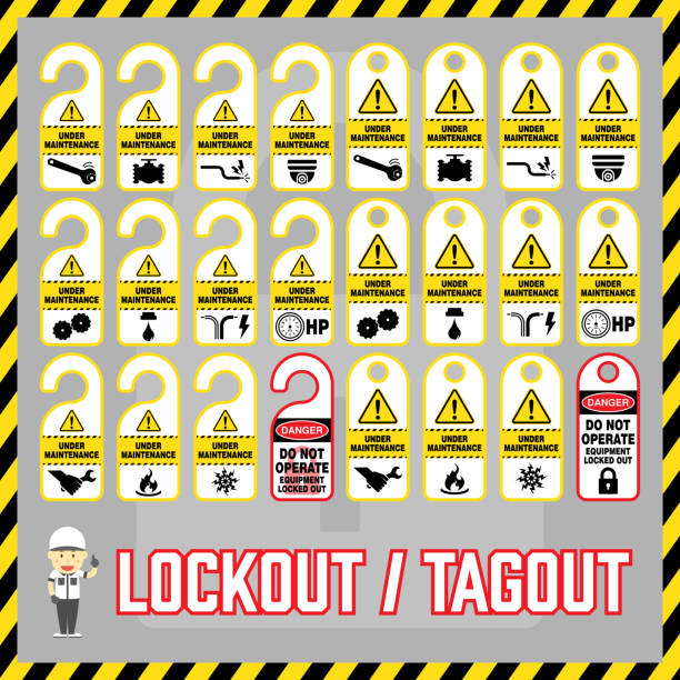 illustrazioni stock, clip art, cartoni animati e icone di tendenza di set di etichette e tag di sicurezza per la procedura di sicurezza di manutenzione del lockout industriale mondiale. - neumatic