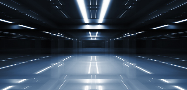 Abstract dark tunnel perspective with neon lights illumination. 3d illustration