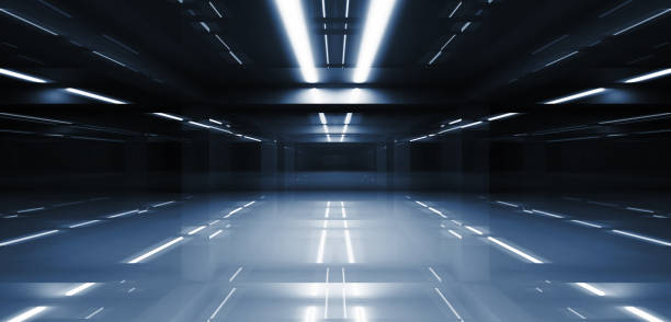 Abstract dark tunnel perspective 3d Abstract dark tunnel perspective with neon lights illumination. 3d illustration dark road stock pictures, royalty-free photos & images
