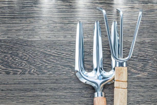 istock Hand rake trowel fork on wooden board 924355630