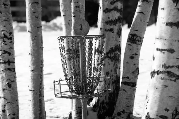 basket for frisbeegolf in the park, winter, Finland