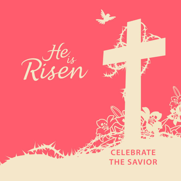 He is Risen Celebrate the Savior To celebrate the resurrection of Jesus Christ from the dead pics of a cross easter lilies stock illustrations