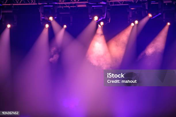 Purple Stage Spotlights Stock Photo - Download Image Now - Backstage, Lighting Equipment, Illuminated