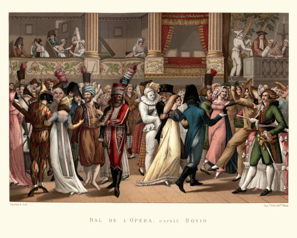 Costume party at the Opera, French, late 18th Century Vintage engraving of Costume party at the Opera, French, late 18th Century. Bal de L'Opera, D'Apres Bosio. Opera Ball, After Bosio 18th century style stock illustrations