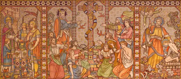 London -  The tiled mosaic of Old testament scenes with the patriarchs, Melchizedek, Moses and Abraham in church All Saints by Matthew Digby Wyatt (1820 - 1877).