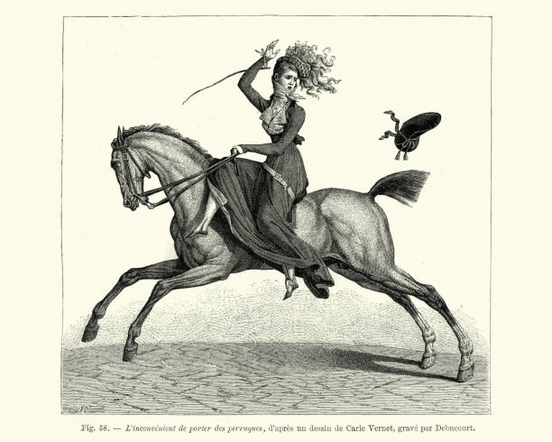 ilustrações de stock, clip art, desenhos animados e ícones de woman losing her hat while riding a horse side saddle - horseback riding illustrations