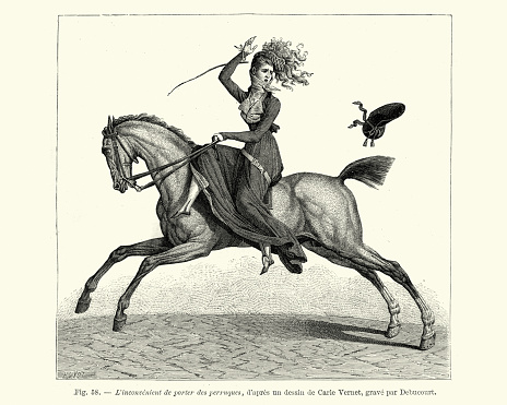 Vintage engraving of a Woman losing her hat while riding a horse, France early 19th Century. L'inconvénient de porter des perruques