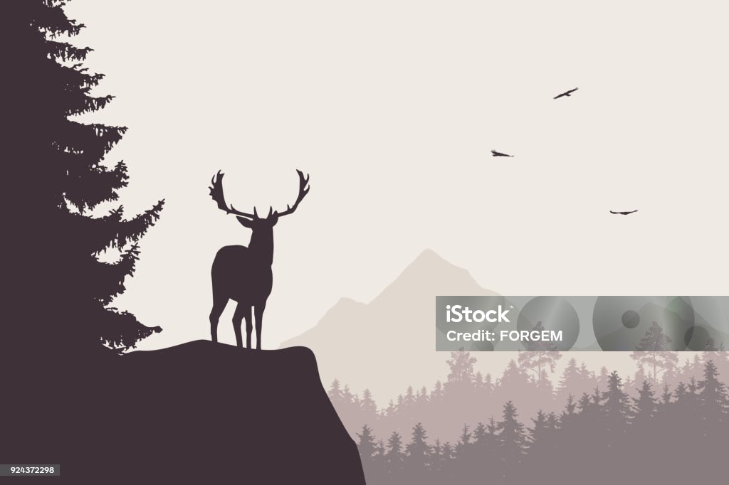 Cerf avec cerfs debout au sommet du rocher avec les montagnes et la forêt en arrière-plan, sous le ciel avec le vol des oiseaux - clipart vectoriel de Famille du cerf libre de droits