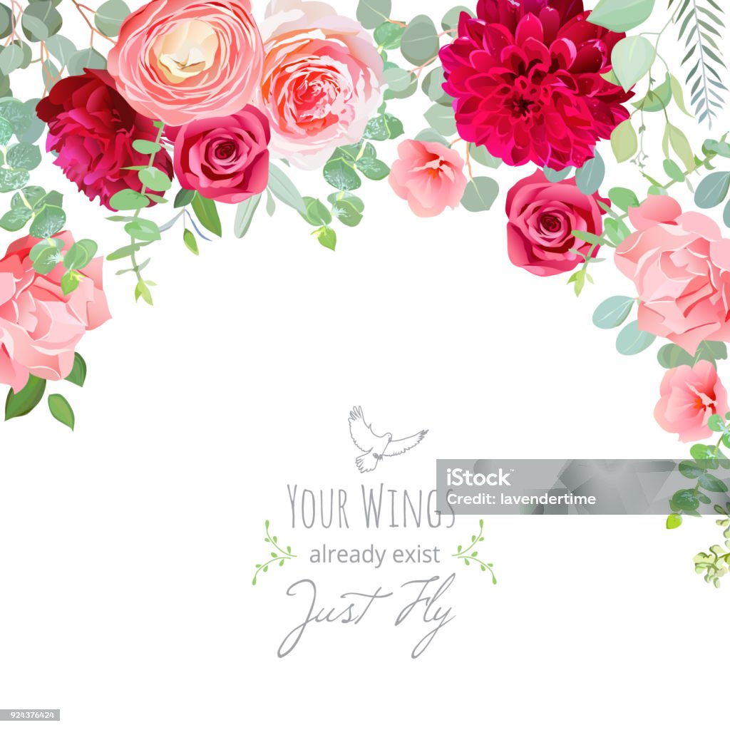 Carnation, rose, ranunculus, dahlia, pink and burgundy red flowe Carnation, rose, ranunculus, dahlia, pink and burgundy red flowers and decorative eucaliptus leaves vector design card. Chic summer wedding invitation frame. All elements are isolated and editable. Flower stock vector