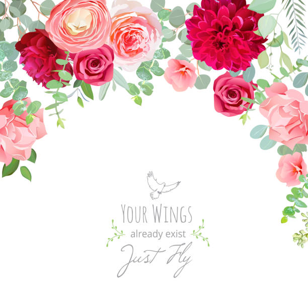 Carnation, rose, ranunculus, dahlia, pink and burgundy red flowe Carnation, rose, ranunculus, dahlia, pink and burgundy red flowers and decorative eucaliptus leaves vector design card. Chic summer wedding invitation frame. All elements are isolated and editable. red frame stock illustrations