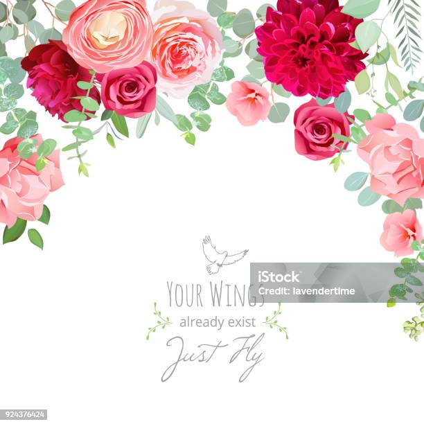 Carnation Rose Ranunculus Dahlia Pink And Burgundy Red Flowe Stock Illustration - Download Image Now