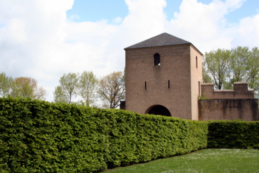 View at the bell towers and part of the church of the Catholic Maria Laach Abbey near Glees in Germany. The abbey dates back to the year1100 and is now a monastery of the Benedictine Confederation.