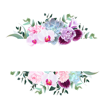 Horizontal botanical vector design banner. Purple orchid, pink rose, hydrangea, campanula,carnation, succulent, parvifolia, true blue eucalyptus. Isolated on white background.All elements are editable
