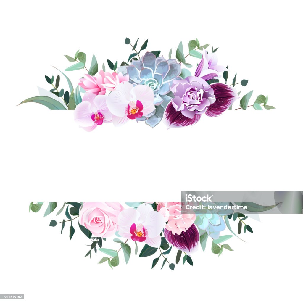 Purple orchid, pink rose, hydrangea, campanula,carnation, succul Horizontal botanical vector design banner. Purple orchid, pink rose, hydrangea, campanula,carnation, succulent, parvifolia, true blue eucalyptus. Isolated on white background.All elements are editable Flower stock vector