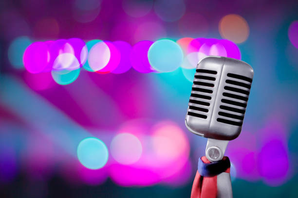 istock Soft focus,Microphone Vintage Retro technology, equipment on the stage show, classical music, with light blur bokeh 924381662
