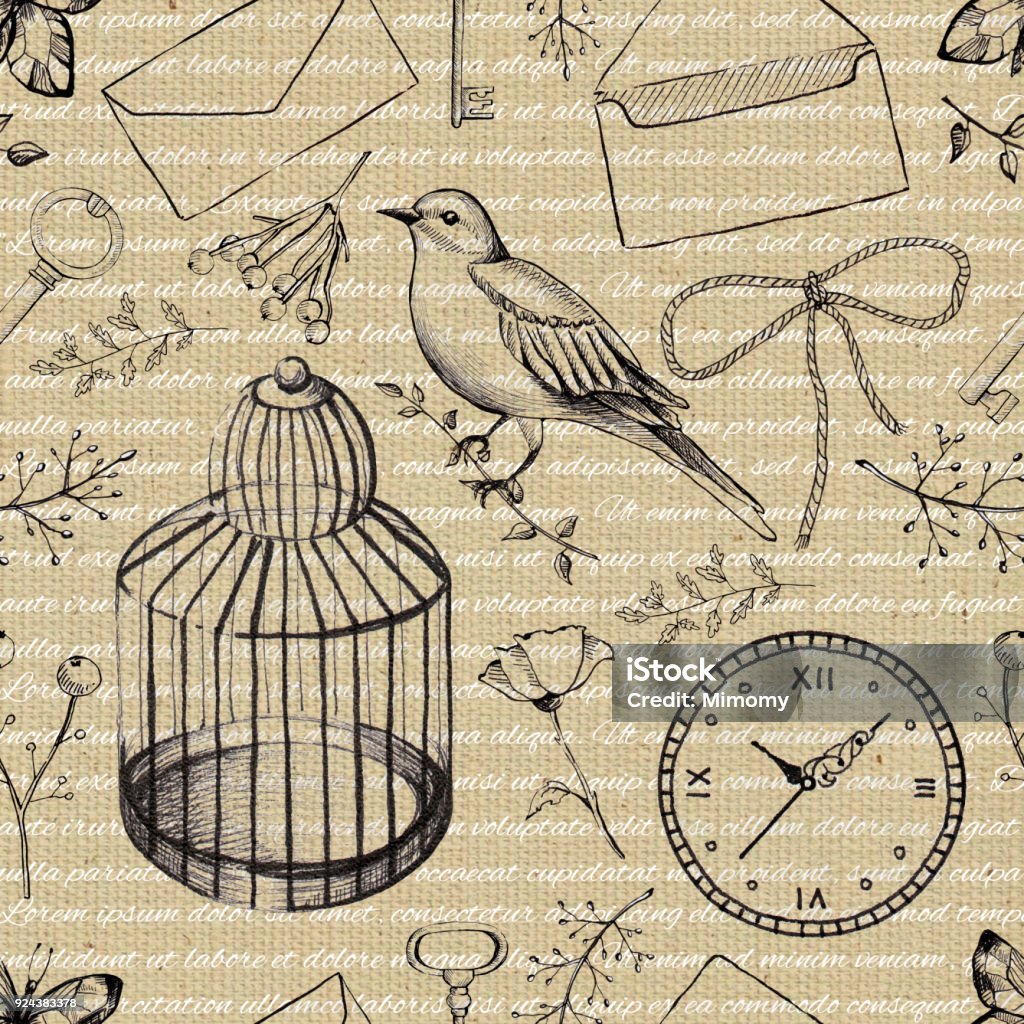 Graphic  background pattern with vintage subjects Seamless background pattern with letters, bird, clock, twigs, bird's cage, butterfly, key and flowers. Liner graphic hand drawn illustration Archival stock illustration